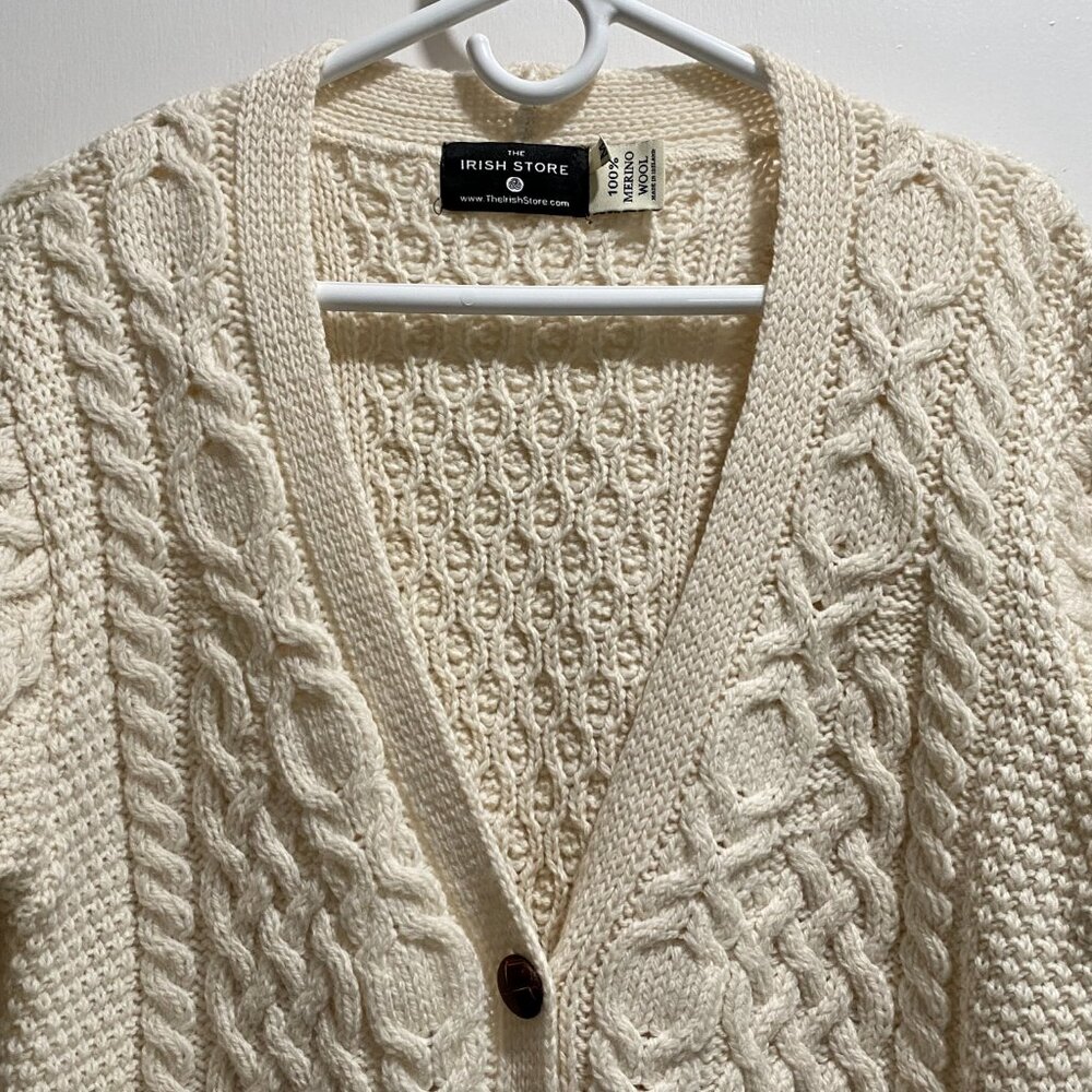The Irish Store Cable Chunky Knit 90s Heritage Academia Wool Cardigan Sweater M View 3
